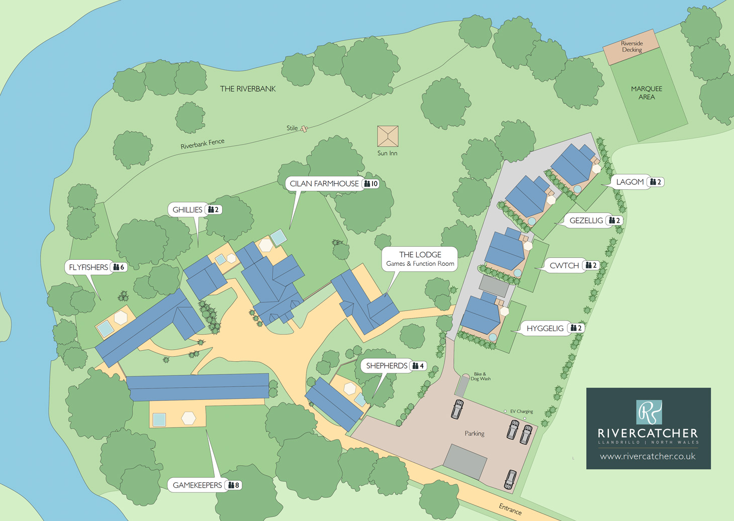 The plan of Rivercatcher Luxury Holiday Cottages and Log Cabins