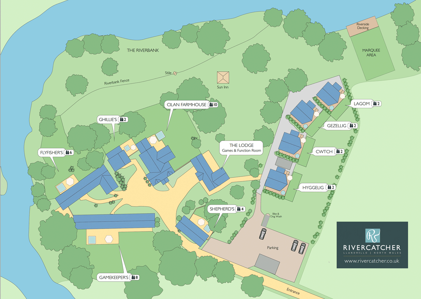 The plan of Rivercatcher Luxury Holiday Cottages and Log Cabins